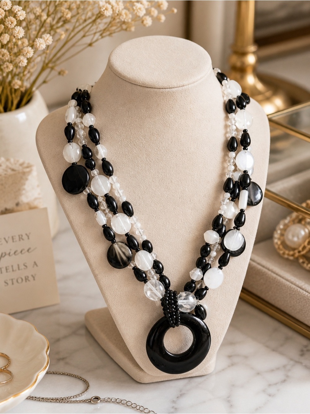 Beaded Statement Necklace | Chunky Black & White Pendant | Silver Tone | 19”